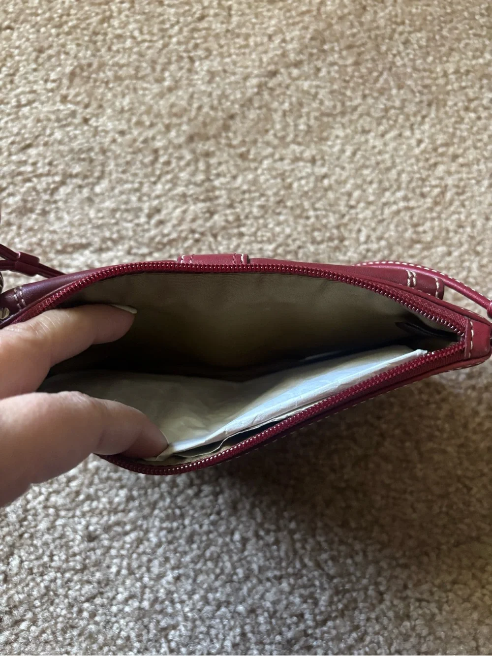 Coach Wine Red Leather Wristlet with Front Buckle Pocket